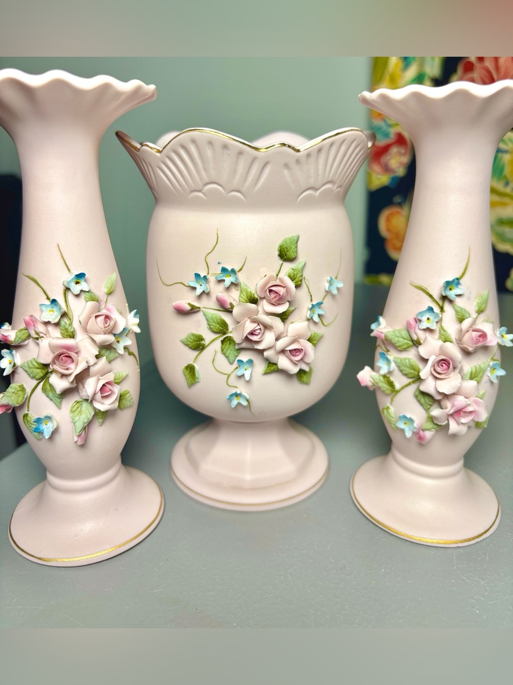 Set of Vintage Lefton Light Pink Bisque 3D Floral Roses Pedestal Decor Vases 60s